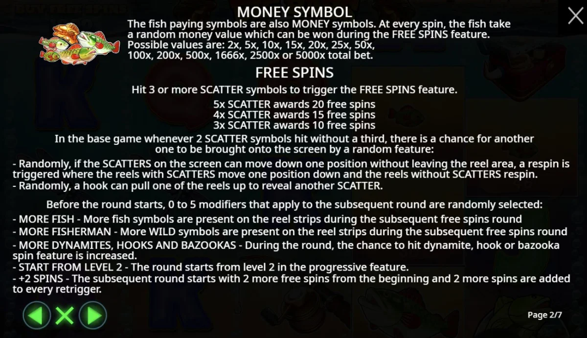 Free spins rules in Big Bass Splash showing scatter triggers and 5 bonus modifiers