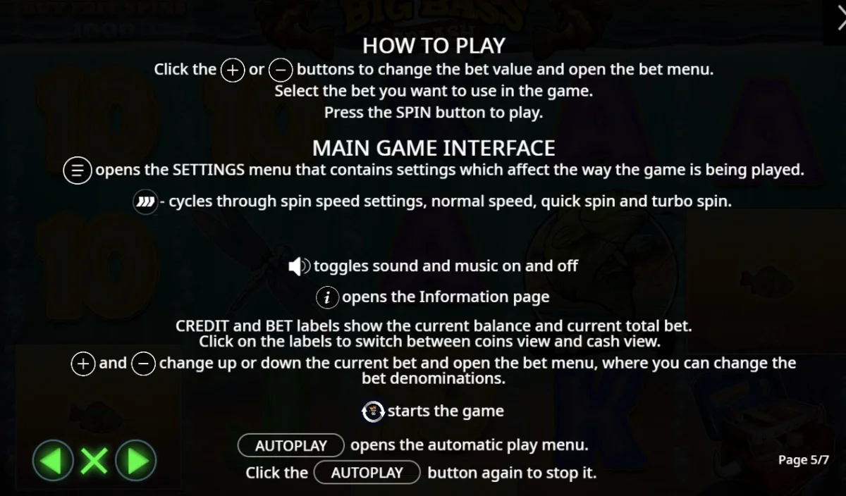 How to play interface in Big Bass Splash showing spin button and bet controls