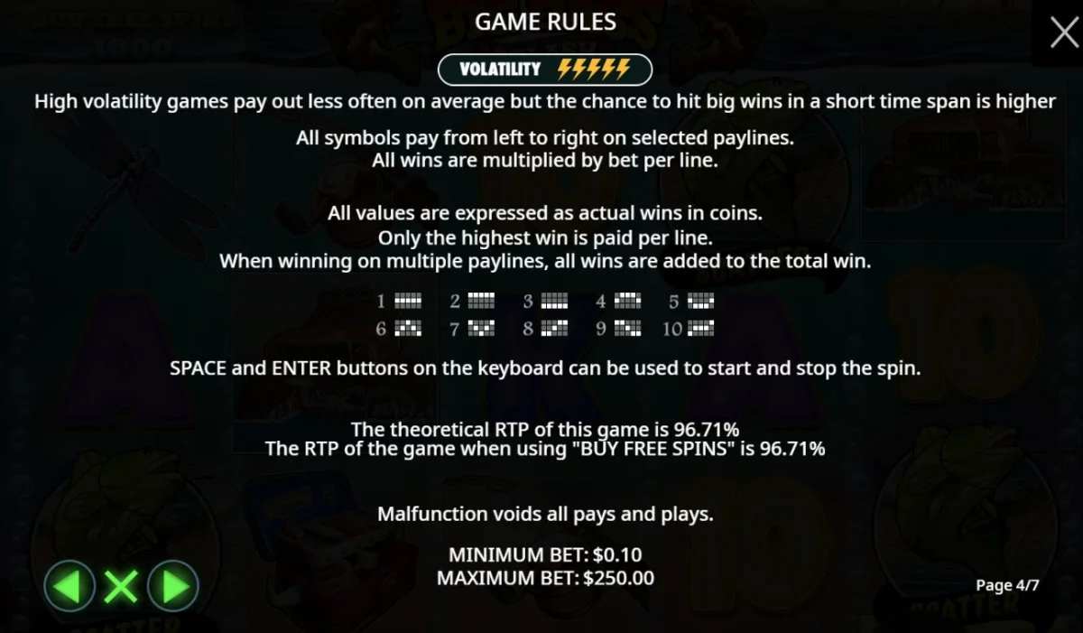 Big Bass Splash game rules confirming RTP 96.71% and volatility 5 out of 5